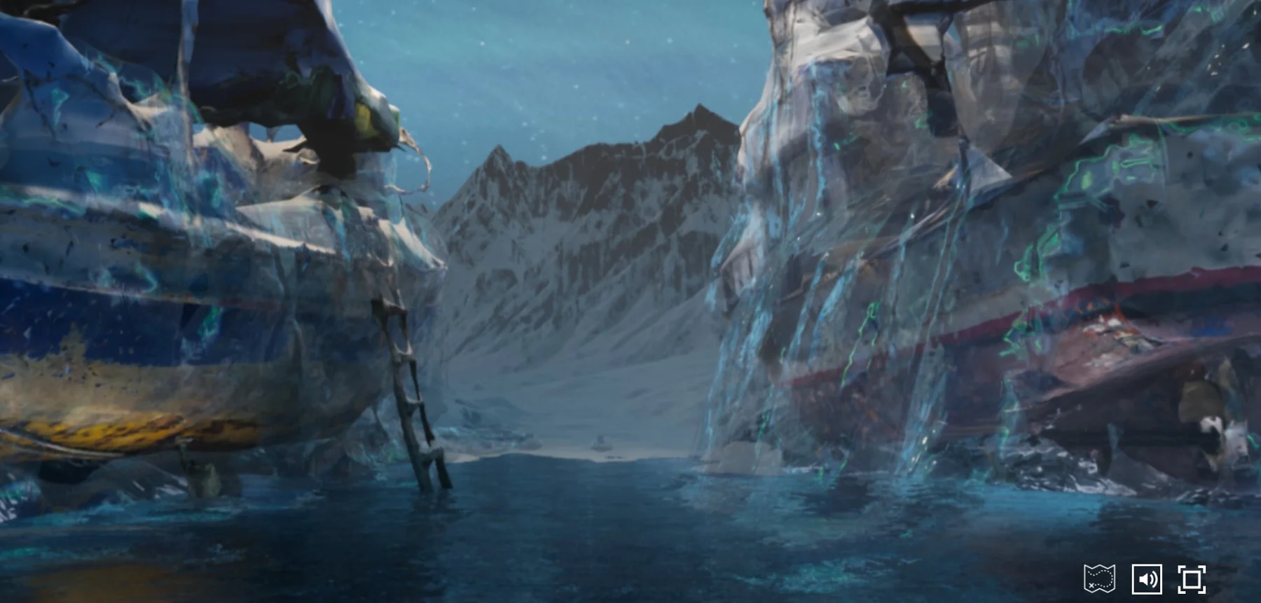 A digitally rendered icy landscape with interface controls along the bottom.